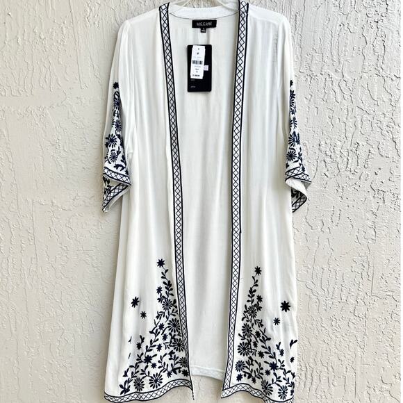 NWT Mieeion Embroidered Floral Kimono Robe Midi Cover Up White Women's Small - Picture 2 of 6
